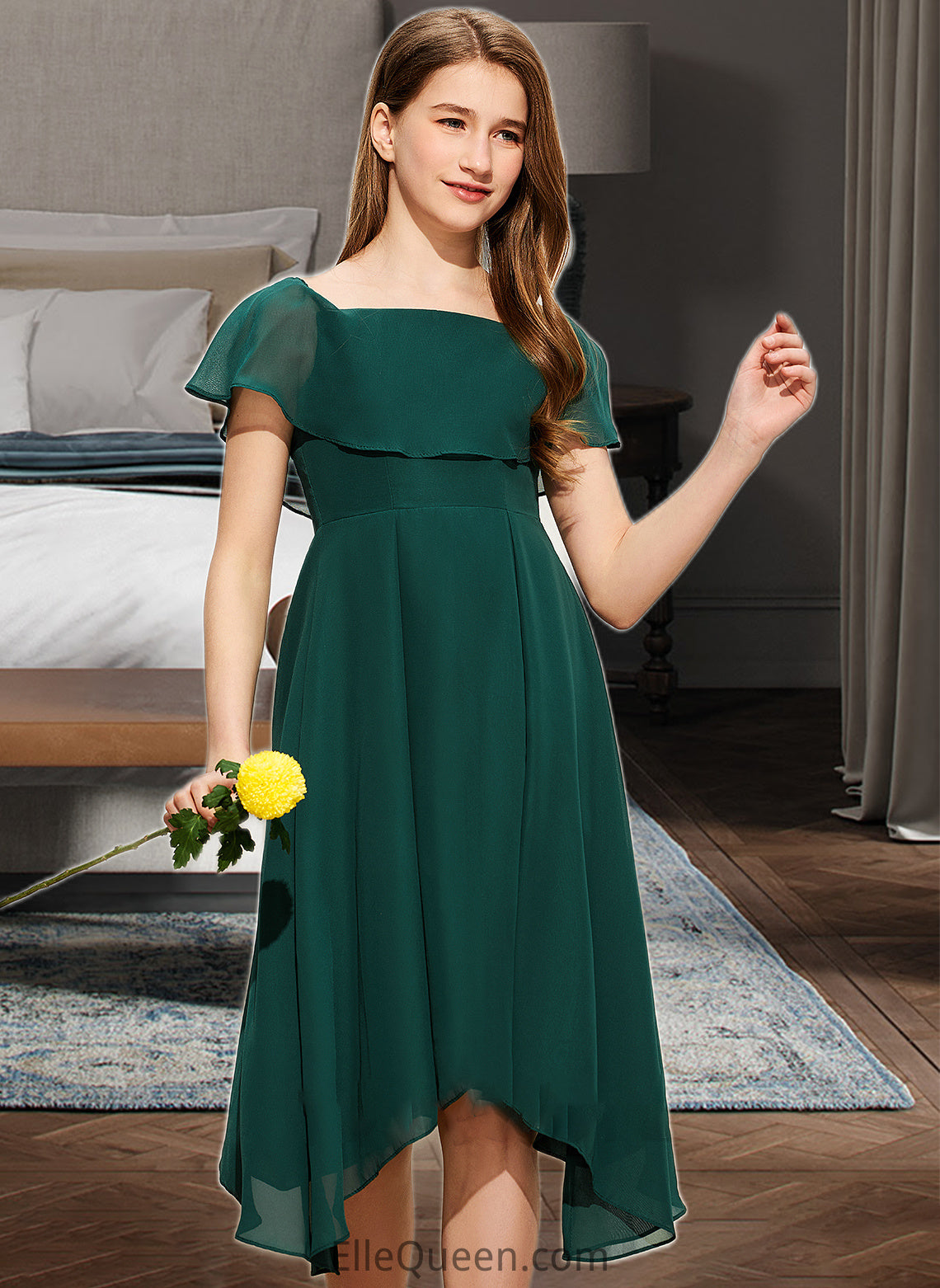 Gracelyn A-Line Square Neckline Knee-Length Chiffon Junior Bridesmaid Dress DGP0013329