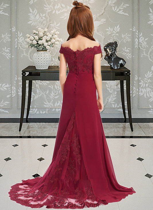 Monique Trumpet/Mermaid Off-the-Shoulder Court Train Chiffon Lace Junior Bridesmaid Dress DGP0013330