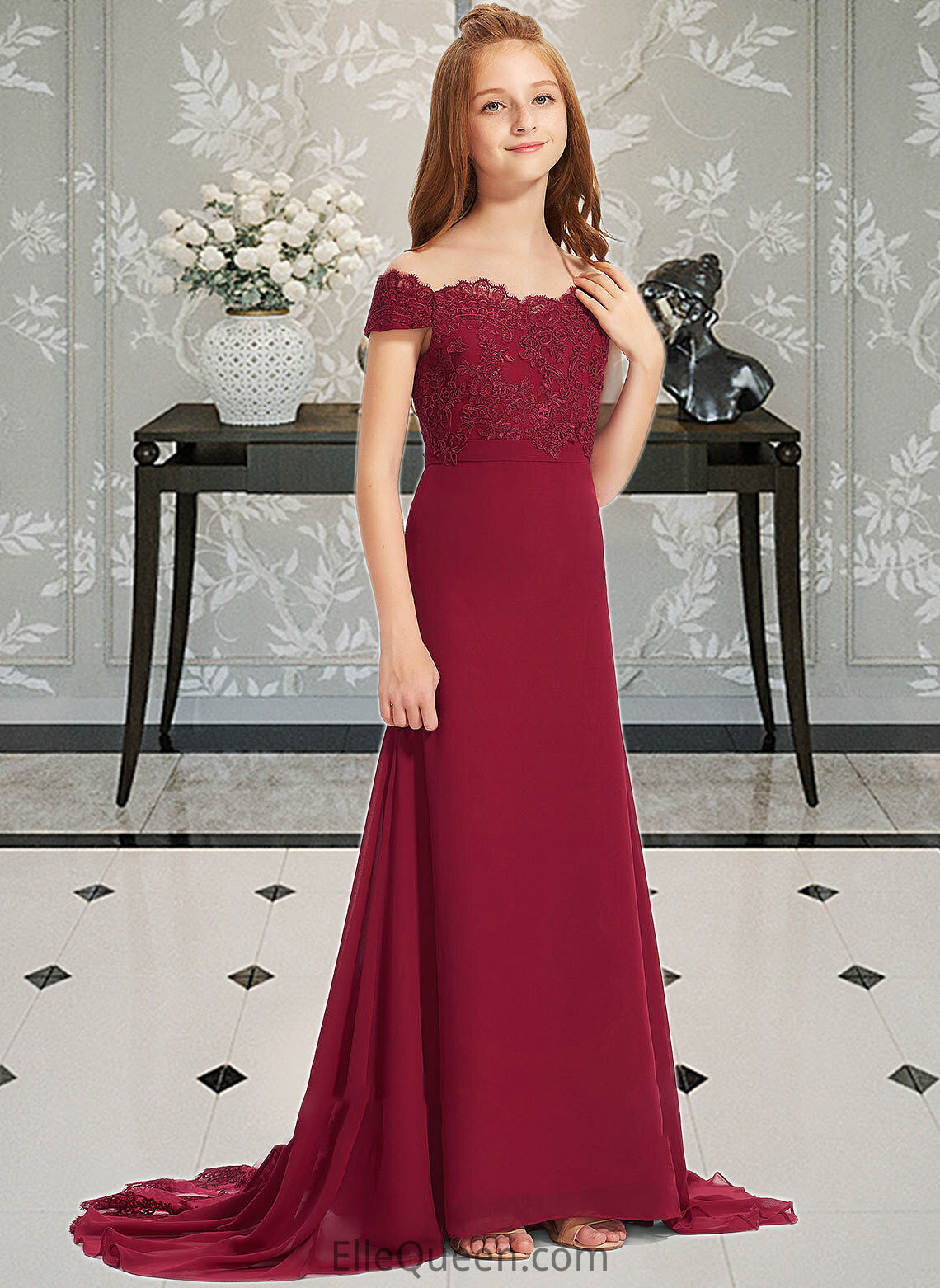 Monique Trumpet/Mermaid Off-the-Shoulder Court Train Chiffon Lace Junior Bridesmaid Dress DGP0013330