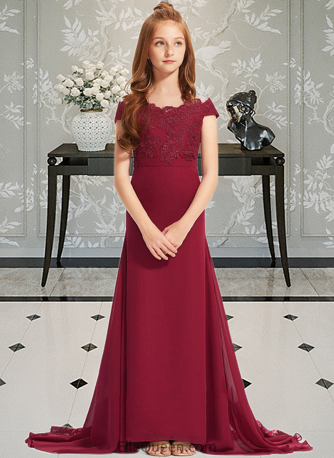 Monique Trumpet/Mermaid Off-the-Shoulder Court Train Chiffon Lace Junior Bridesmaid Dress DGP0013330