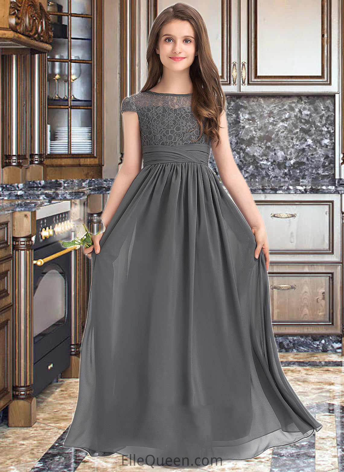 Madeleine A-Line Scoop Neck Floor-Length Chiffon Lace Junior Bridesmaid Dress With Ruffle DGP0013331