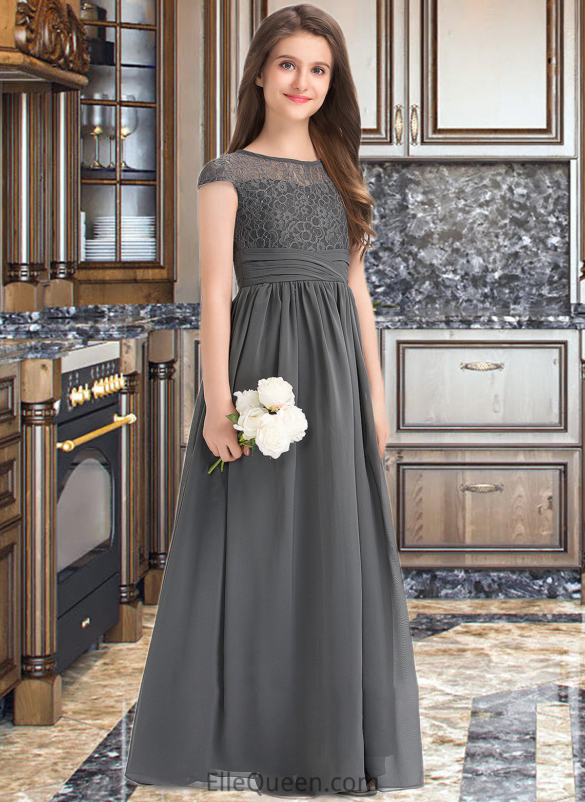 Madeleine A-Line Scoop Neck Floor-Length Chiffon Lace Junior Bridesmaid Dress With Ruffle DGP0013331