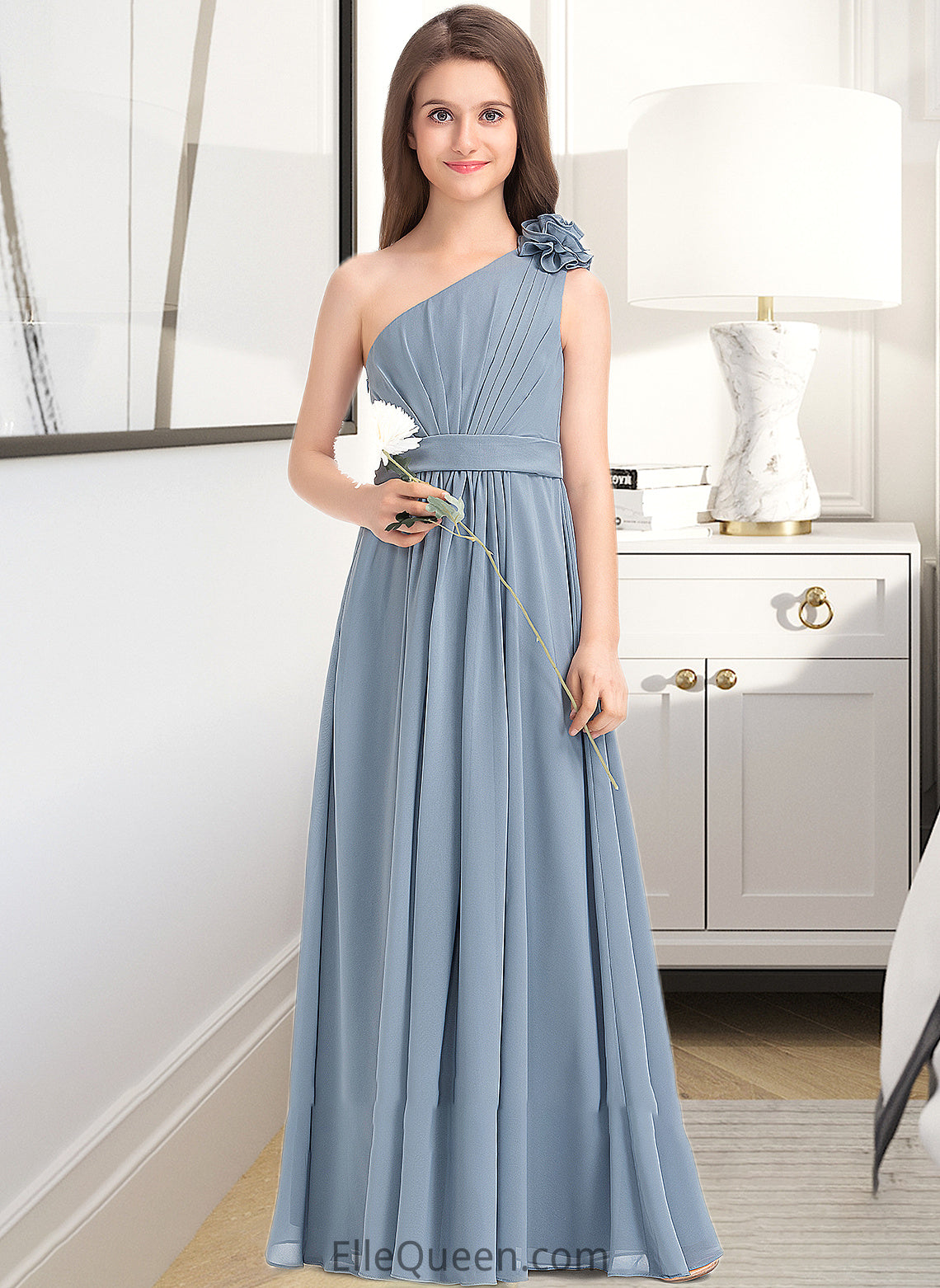 Makenna A-Line One-Shoulder Floor-Length Chiffon Junior Bridesmaid Dress With Ruffle Flower(s) DGP0013332