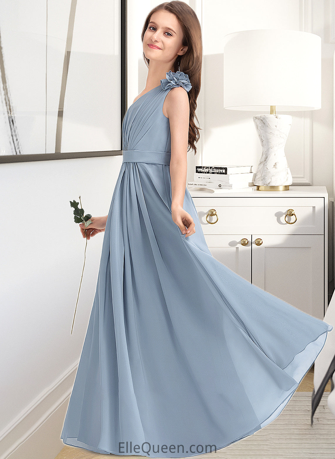 Makenna A-Line One-Shoulder Floor-Length Chiffon Junior Bridesmaid Dress With Ruffle Flower(s) DGP0013332