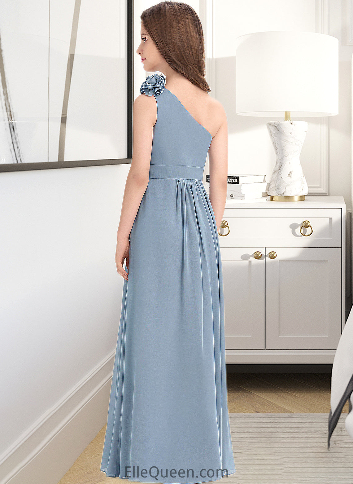 Makenna A-Line One-Shoulder Floor-Length Chiffon Junior Bridesmaid Dress With Ruffle Flower(s) DGP0013332