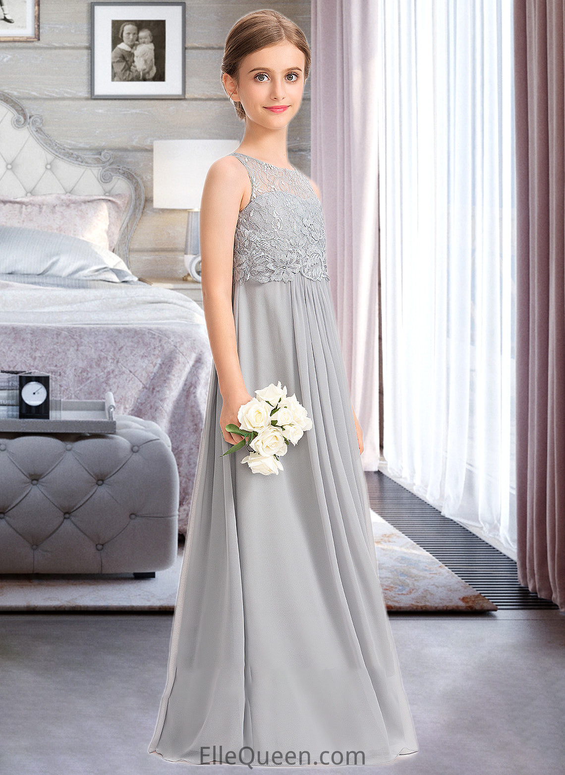 Hedda A-Line Scoop Neck Floor-Length Chiffon Lace Junior Bridesmaid Dress DGP0013333