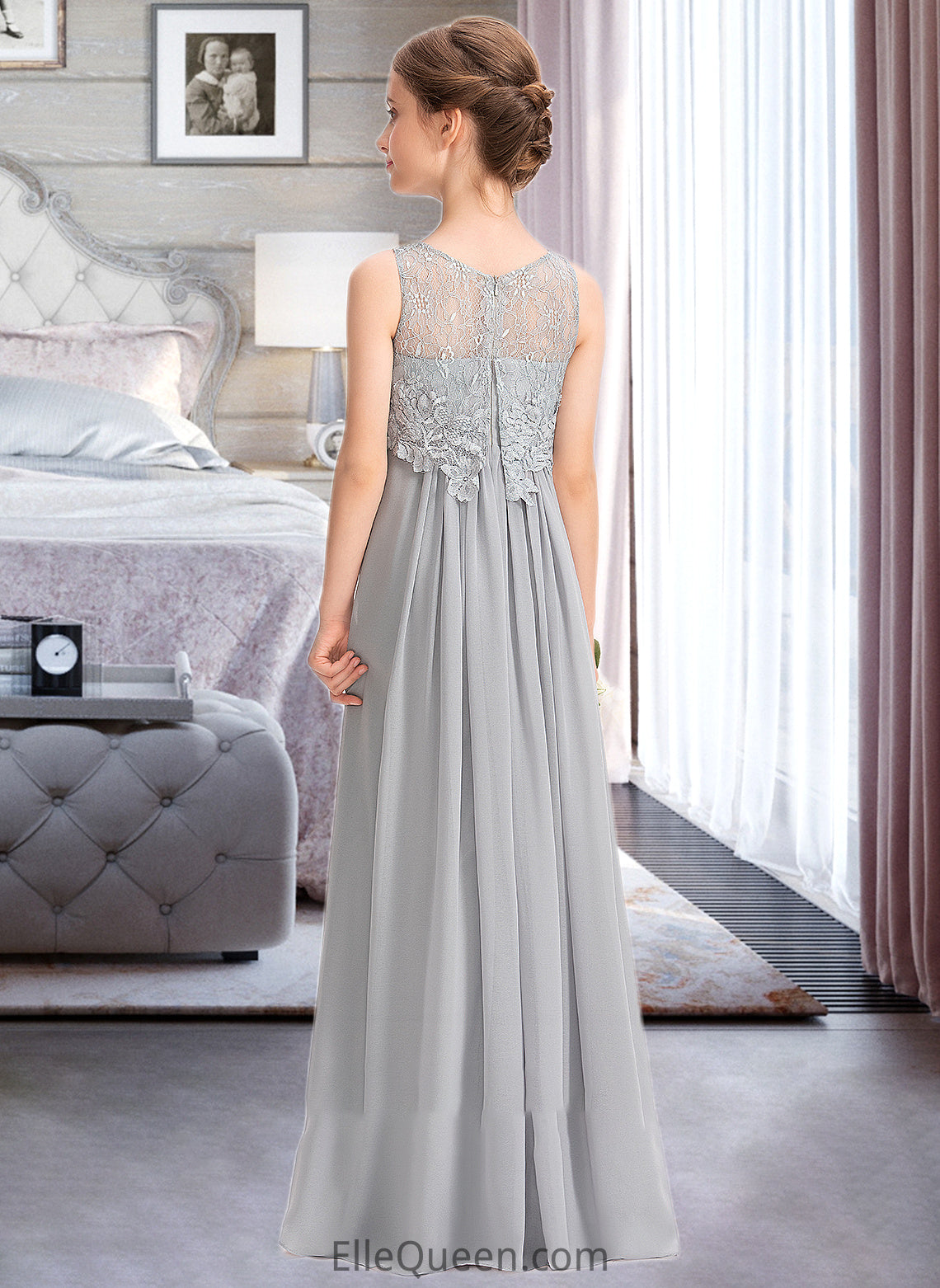 Hedda A-Line Scoop Neck Floor-Length Chiffon Lace Junior Bridesmaid Dress DGP0013333