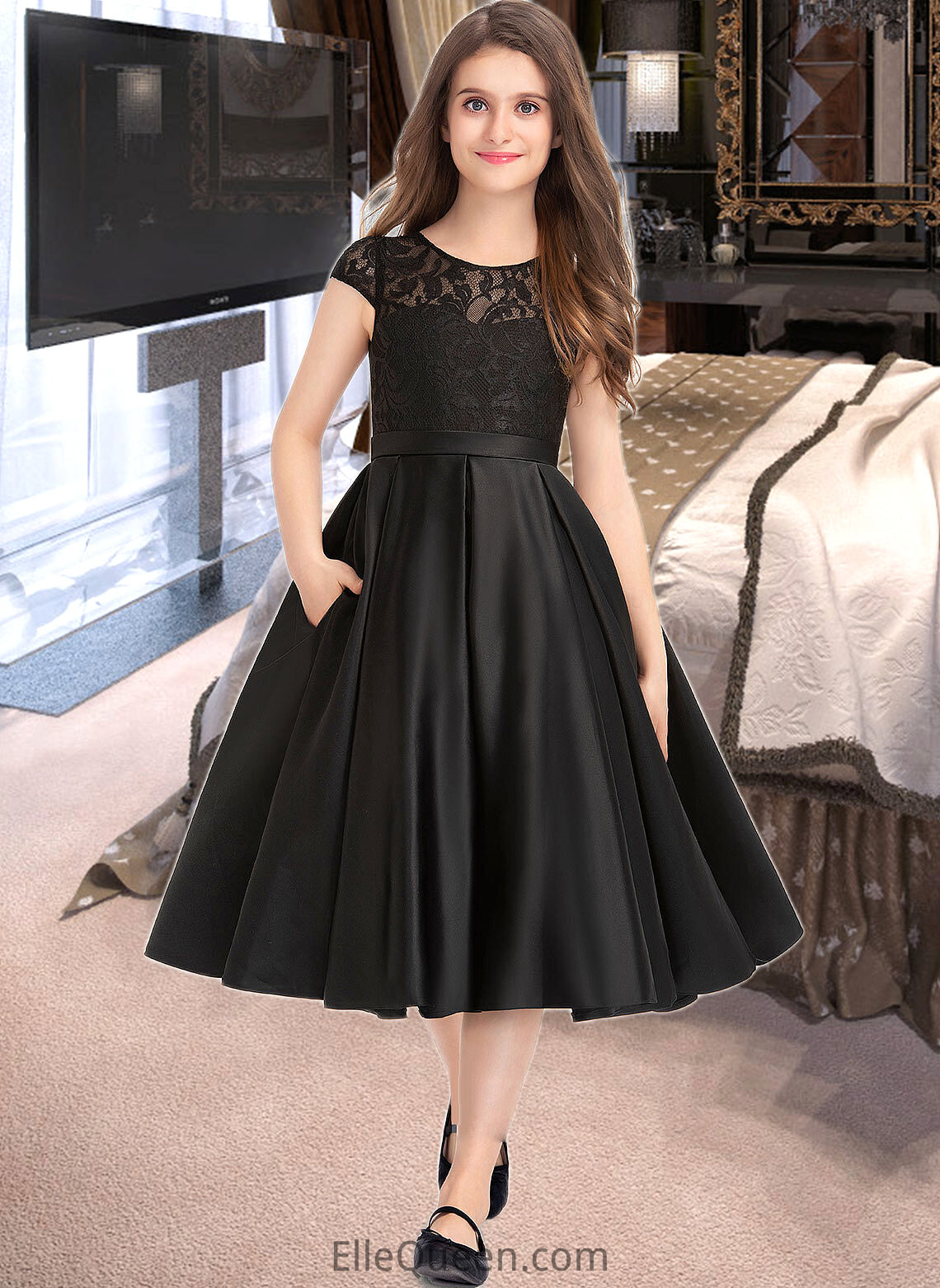 Daniella A-Line Scoop Neck Knee-Length Satin Lace Junior Bridesmaid Dress With Pockets DGP0013335