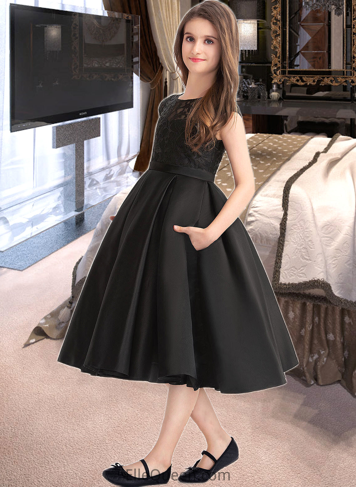 Daniella A-Line Scoop Neck Knee-Length Satin Lace Junior Bridesmaid Dress With Pockets DGP0013335