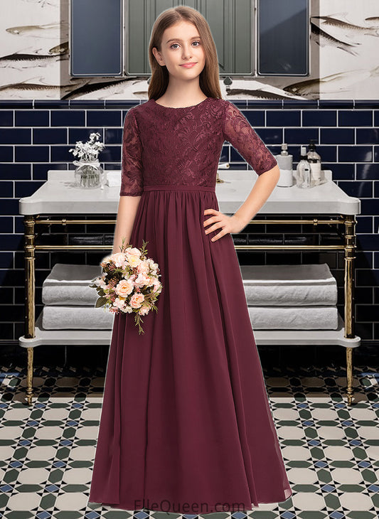 Kayla A-Line Scoop Neck Floor-Length Chiffon Lace Junior Bridesmaid Dress DGP0013336