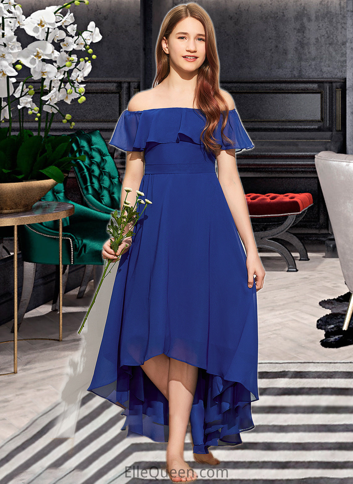 Kassandra A-Line Off-the-Shoulder Asymmetrical Chiffon Junior Bridesmaid Dress With Cascading Ruffles DGP0013338