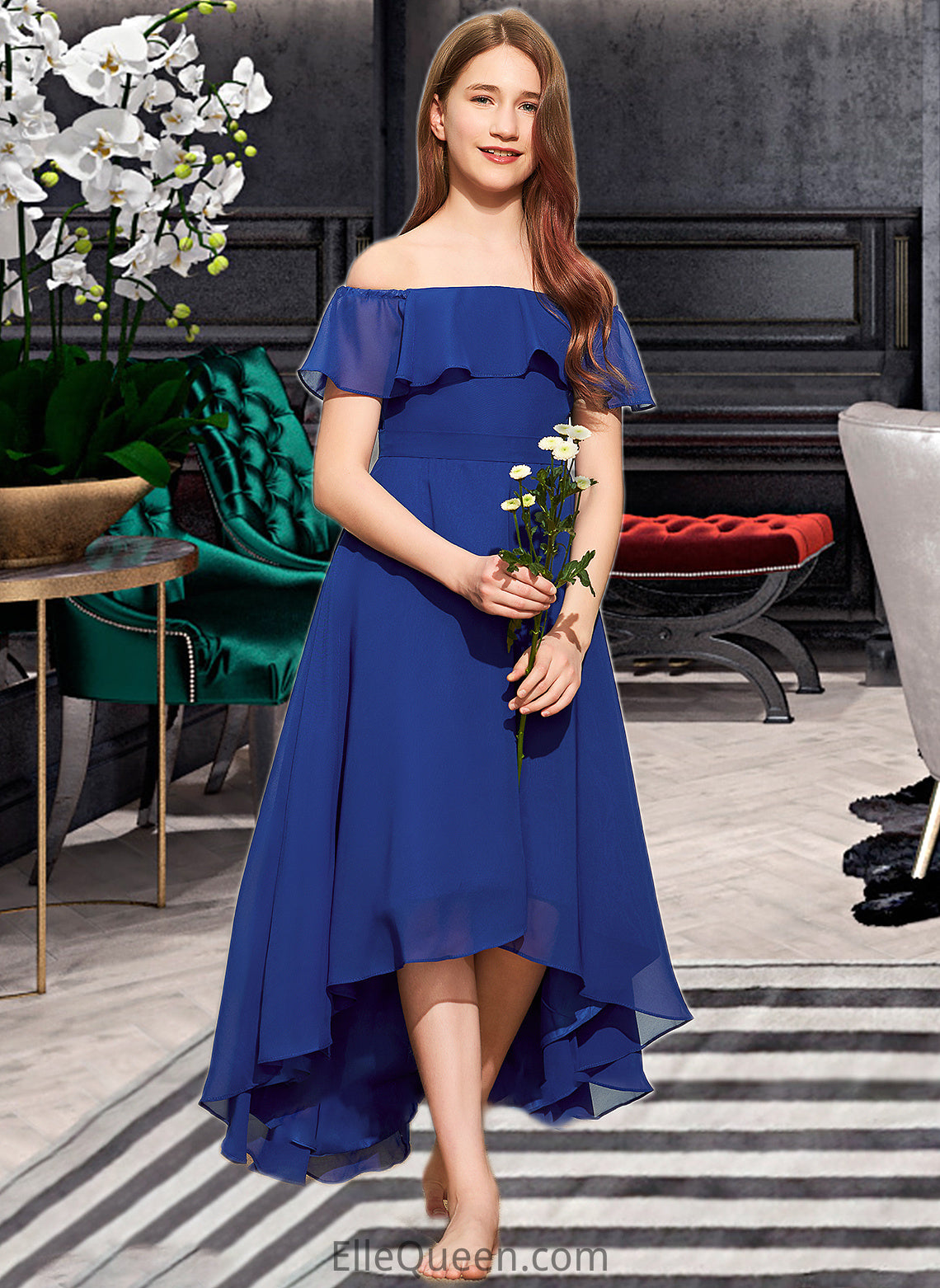 Kassandra A-Line Off-the-Shoulder Asymmetrical Chiffon Junior Bridesmaid Dress With Cascading Ruffles DGP0013338