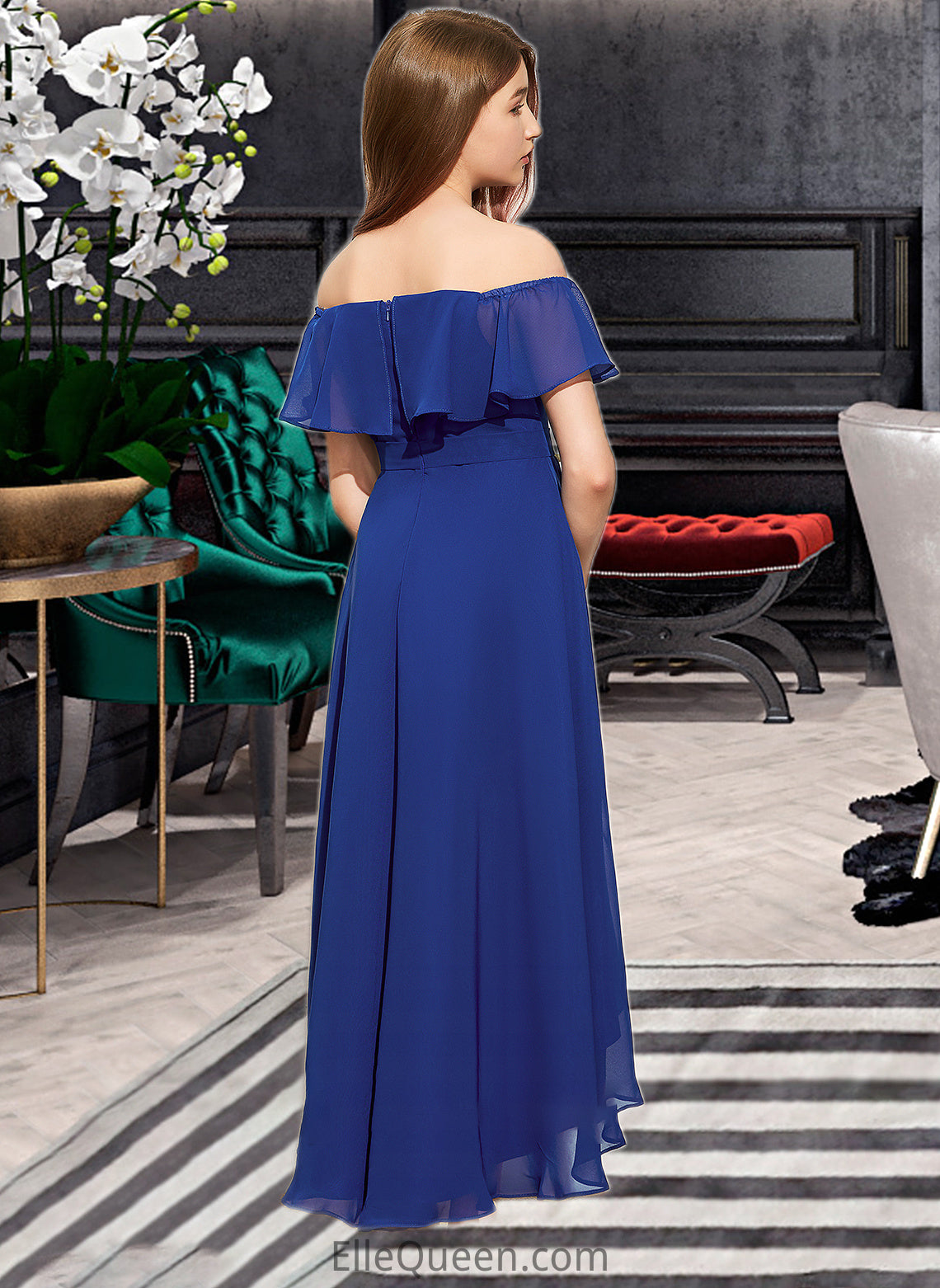 Kassandra A-Line Off-the-Shoulder Asymmetrical Chiffon Junior Bridesmaid Dress With Cascading Ruffles DGP0013338