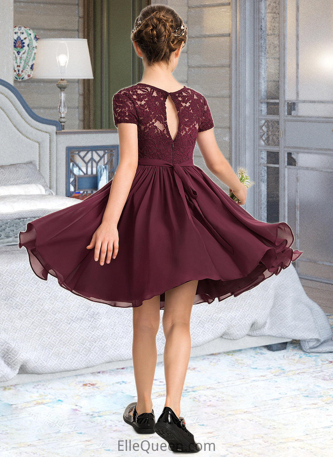 Jaelynn A-Line Scoop Neck Knee-Length Chiffon Lace Junior Bridesmaid Dress With Bow(s) DGP0013339