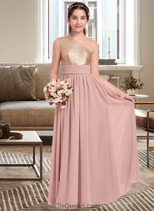 Crystal A-Line One-Shoulder Floor-Length Chiffon Junior Bridesmaid Dress With Ruffle DGP0013340