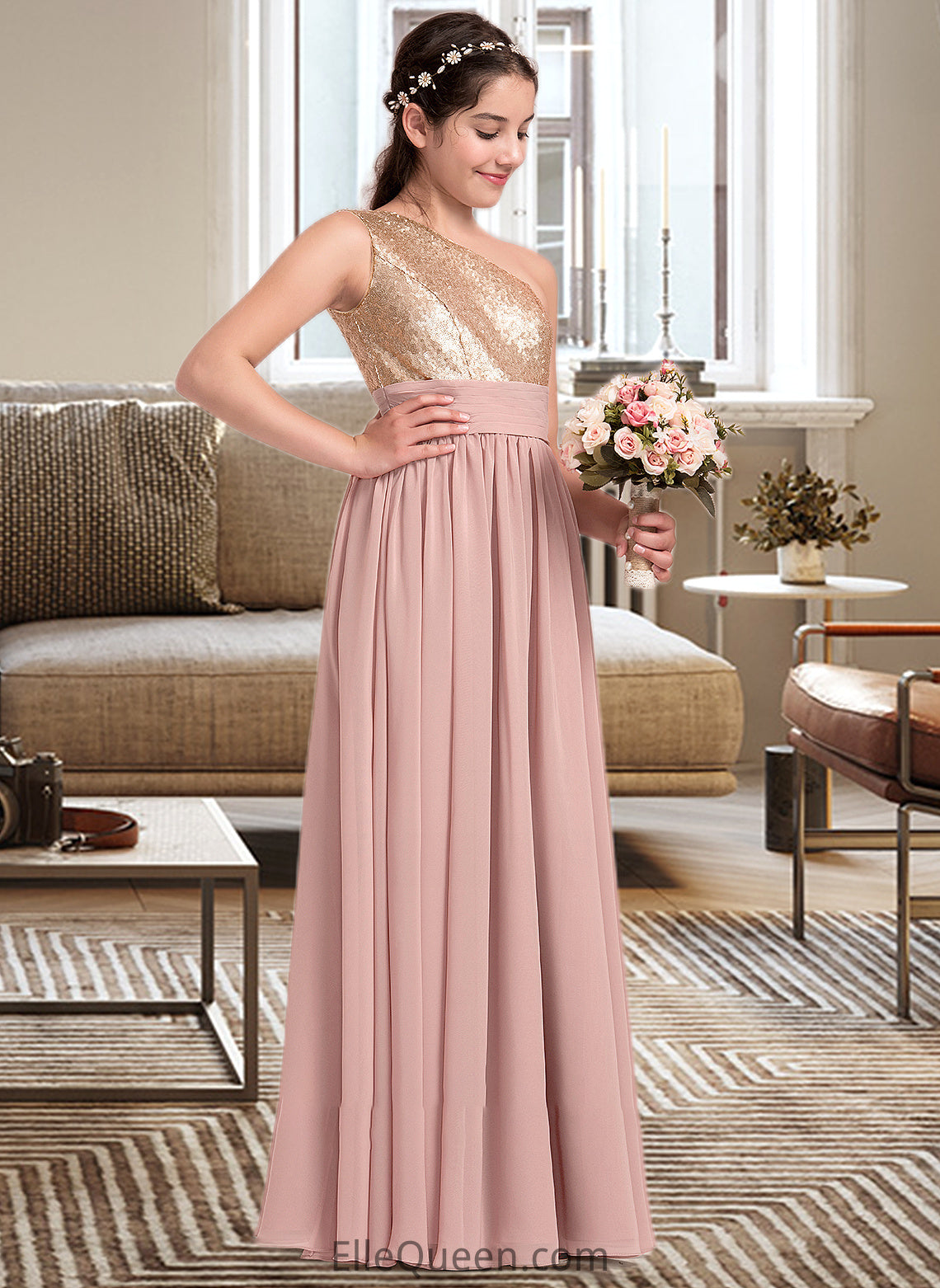 Crystal A-Line One-Shoulder Floor-Length Chiffon Junior Bridesmaid Dress With Ruffle DGP0013340