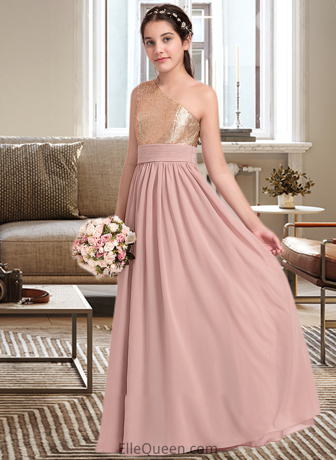 Crystal A-Line One-Shoulder Floor-Length Chiffon Junior Bridesmaid Dress With Ruffle DGP0013340