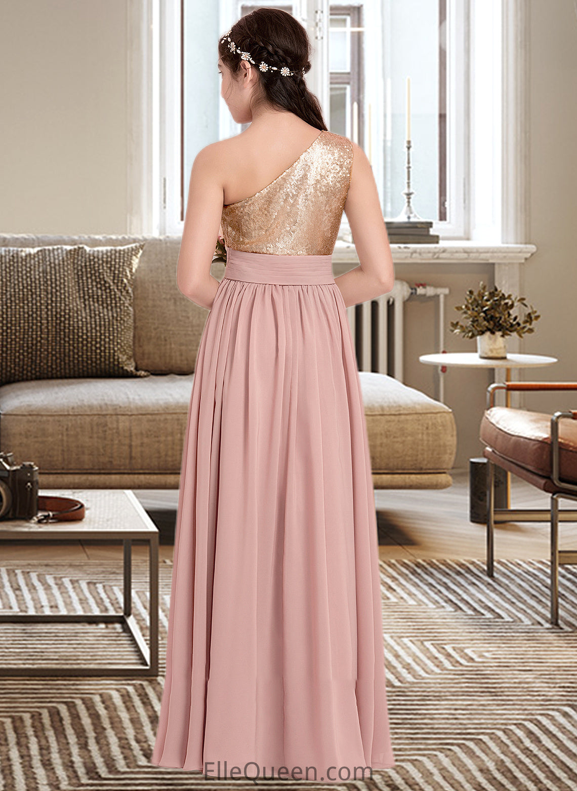 Crystal A-Line One-Shoulder Floor-Length Chiffon Junior Bridesmaid Dress With Ruffle DGP0013340