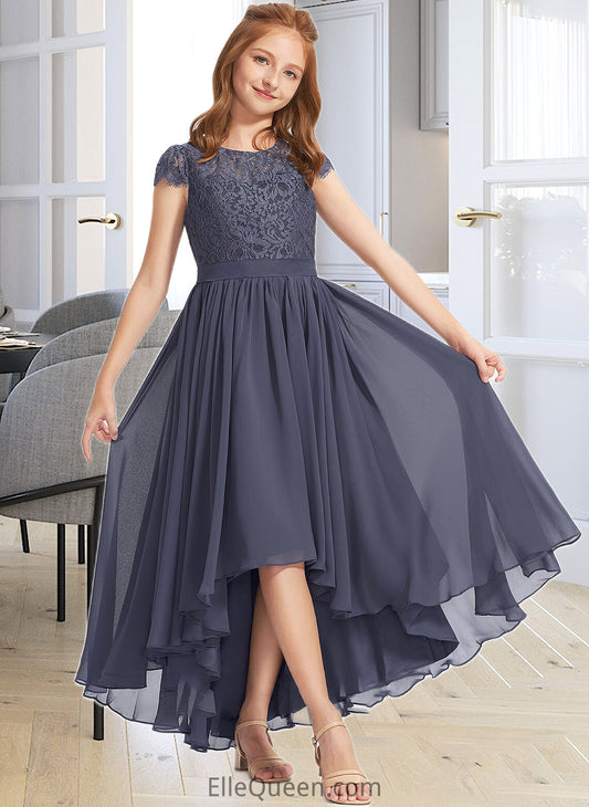 Louisa A-Line Scoop Neck Asymmetrical Chiffon Lace Junior Bridesmaid Dress DGP0013341