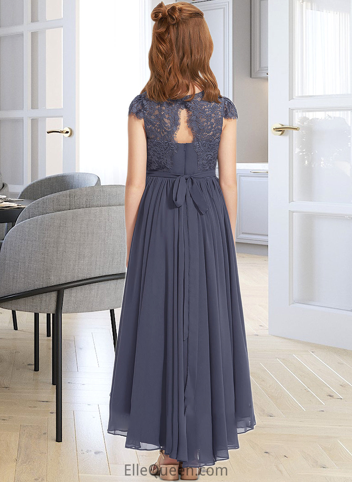 Louisa A-Line Scoop Neck Asymmetrical Chiffon Lace Junior Bridesmaid Dress DGP0013341