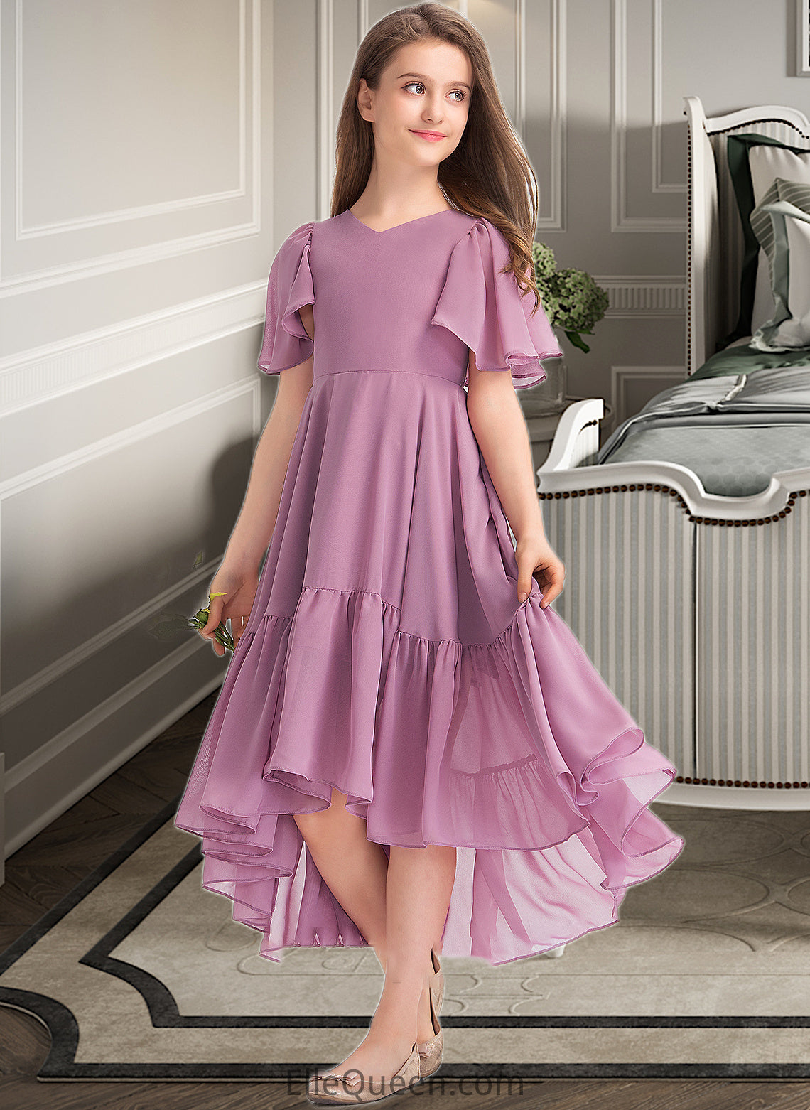 Aliza A-Line V-neck Asymmetrical Chiffon Junior Bridesmaid Dress With Cascading Ruffles DGP0013342