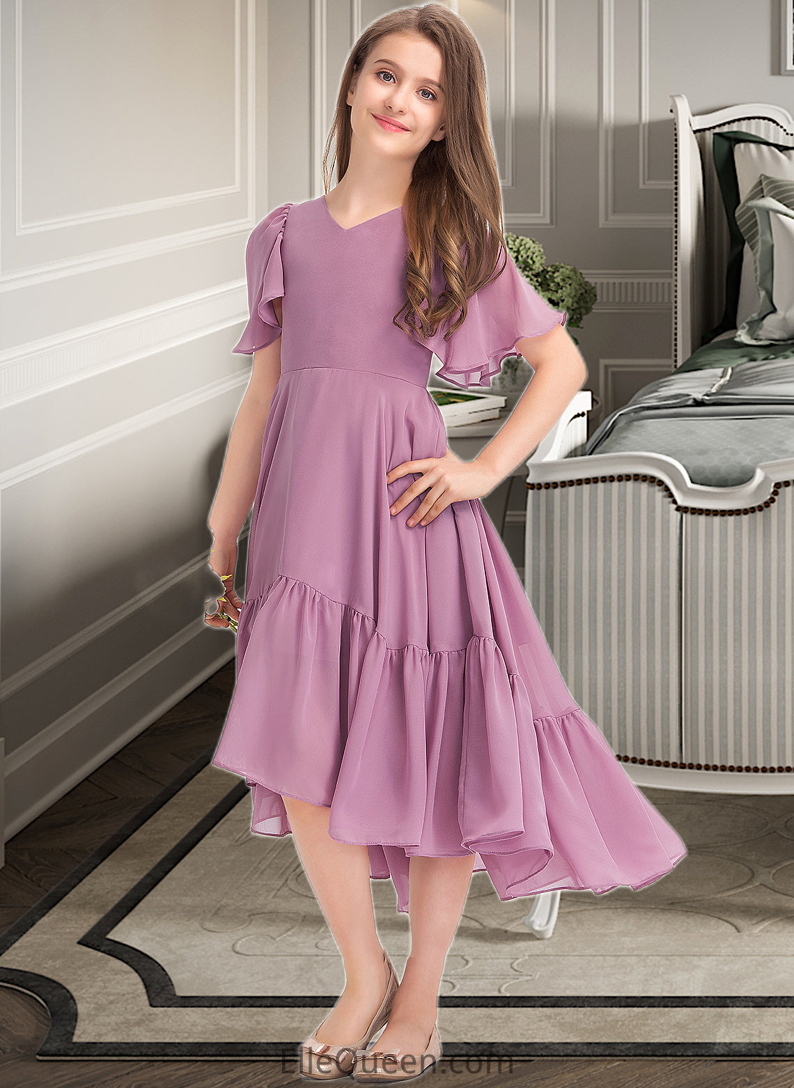 Aliza A-Line V-neck Asymmetrical Chiffon Junior Bridesmaid Dress With Cascading Ruffles DGP0013342