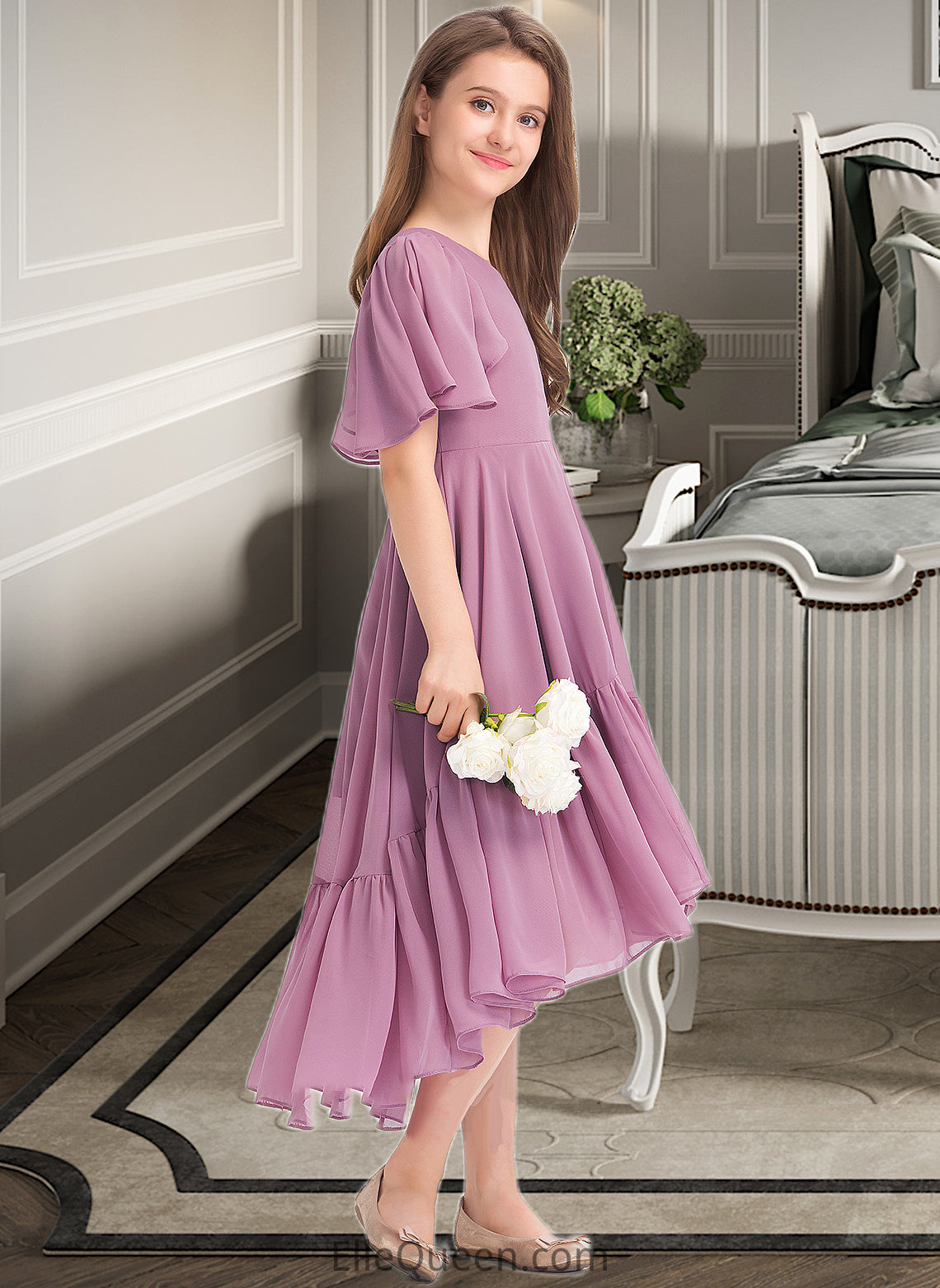 Aliza A-Line V-neck Asymmetrical Chiffon Junior Bridesmaid Dress With Cascading Ruffles DGP0013342