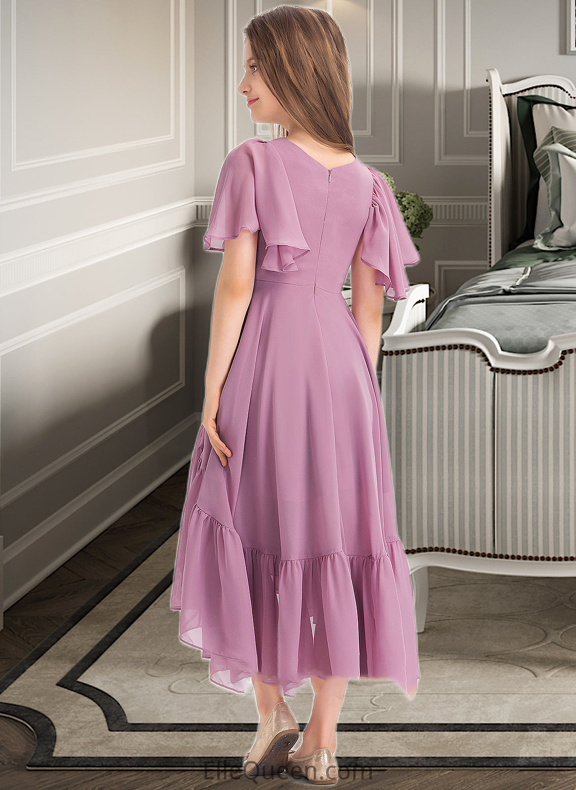 Aliza A-Line V-neck Asymmetrical Chiffon Junior Bridesmaid Dress With Cascading Ruffles DGP0013342