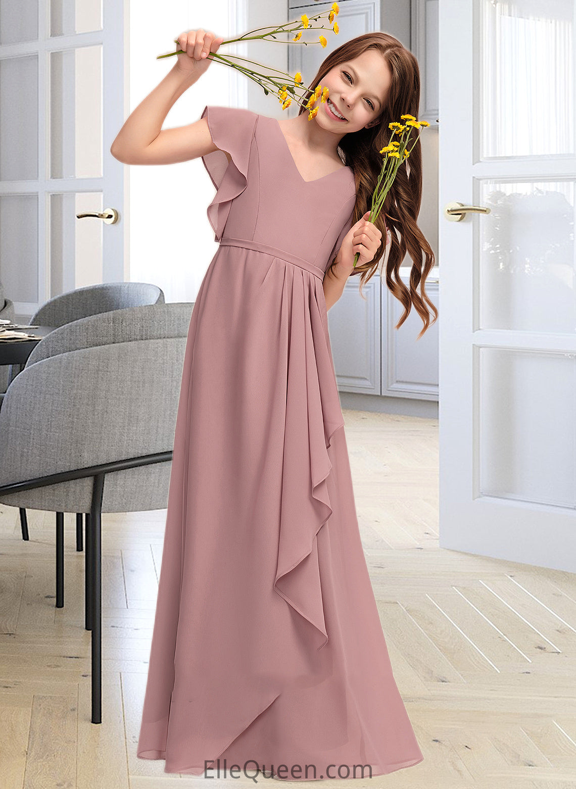 Nathalie A-Line V-neck Floor-Length Chiffon Junior Bridesmaid Dress With Cascading Ruffles DGP0013343