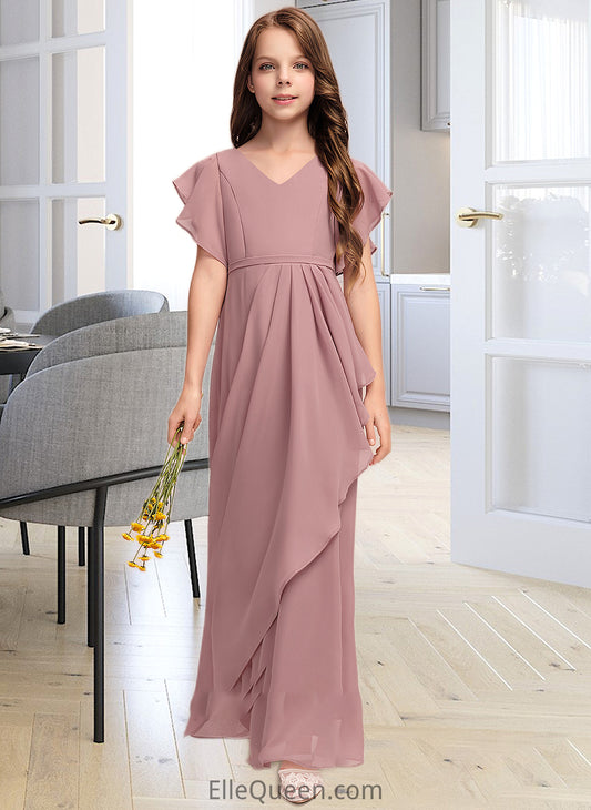 Nathalie A-Line V-neck Floor-Length Chiffon Junior Bridesmaid Dress With Cascading Ruffles DGP0013343