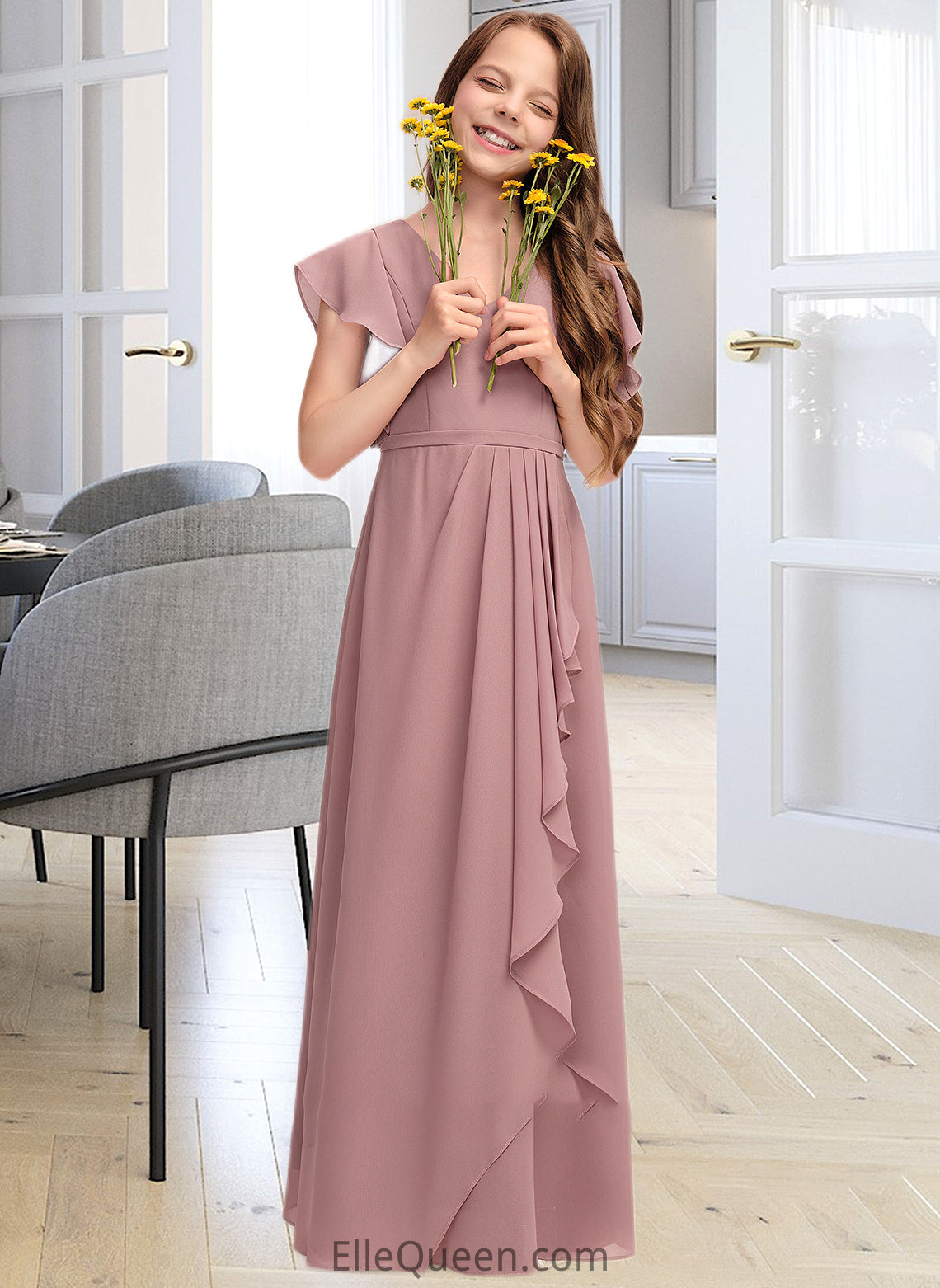 Nathalie A-Line V-neck Floor-Length Chiffon Junior Bridesmaid Dress With Cascading Ruffles DGP0013343