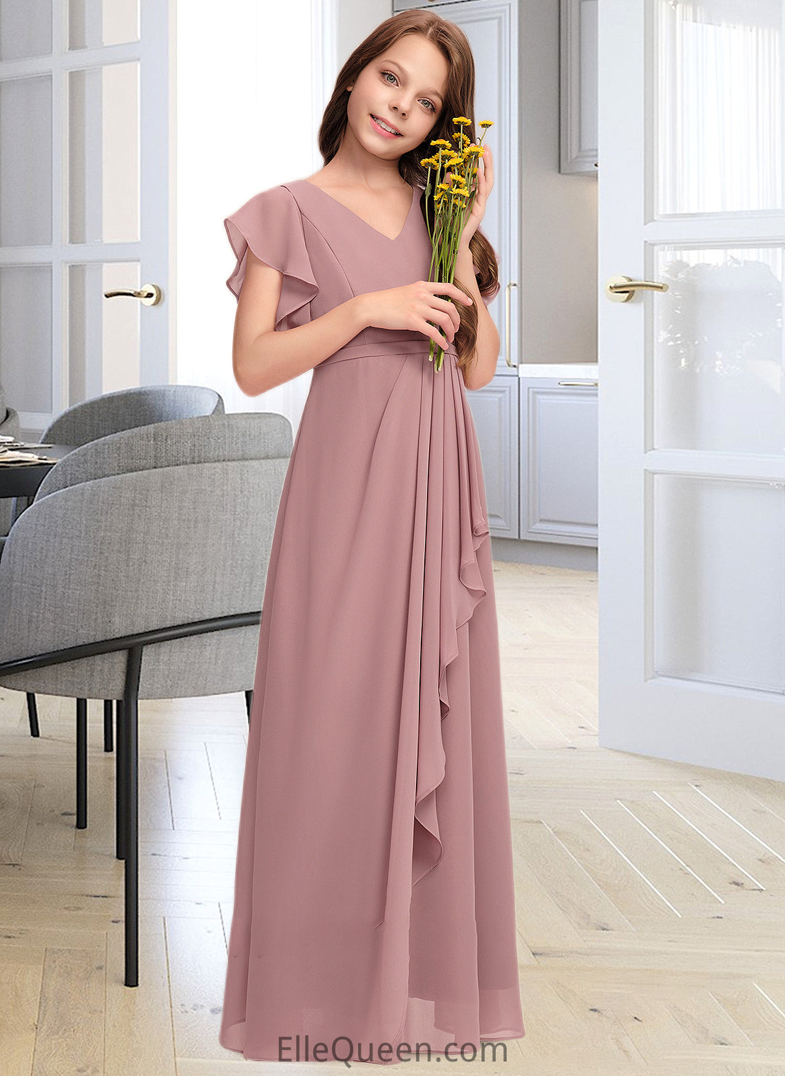 Nathalie A-Line V-neck Floor-Length Chiffon Junior Bridesmaid Dress With Cascading Ruffles DGP0013343