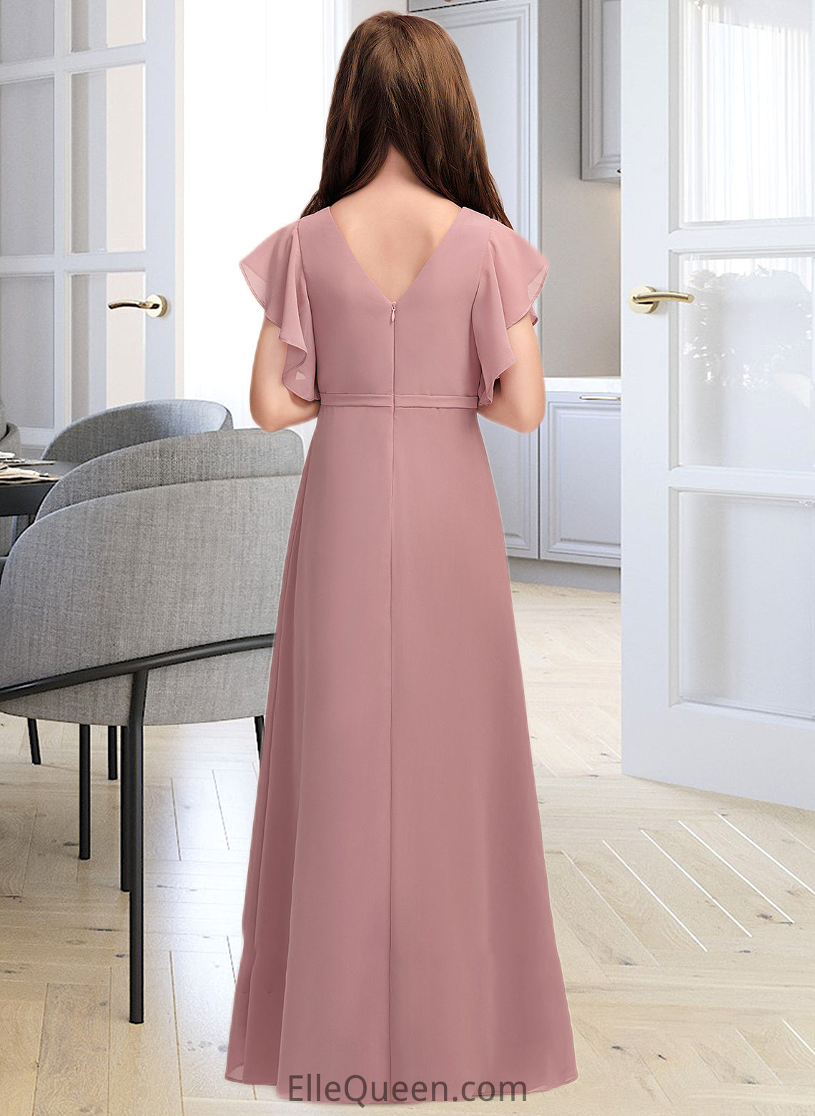 Nathalie A-Line V-neck Floor-Length Chiffon Junior Bridesmaid Dress With Cascading Ruffles DGP0013343