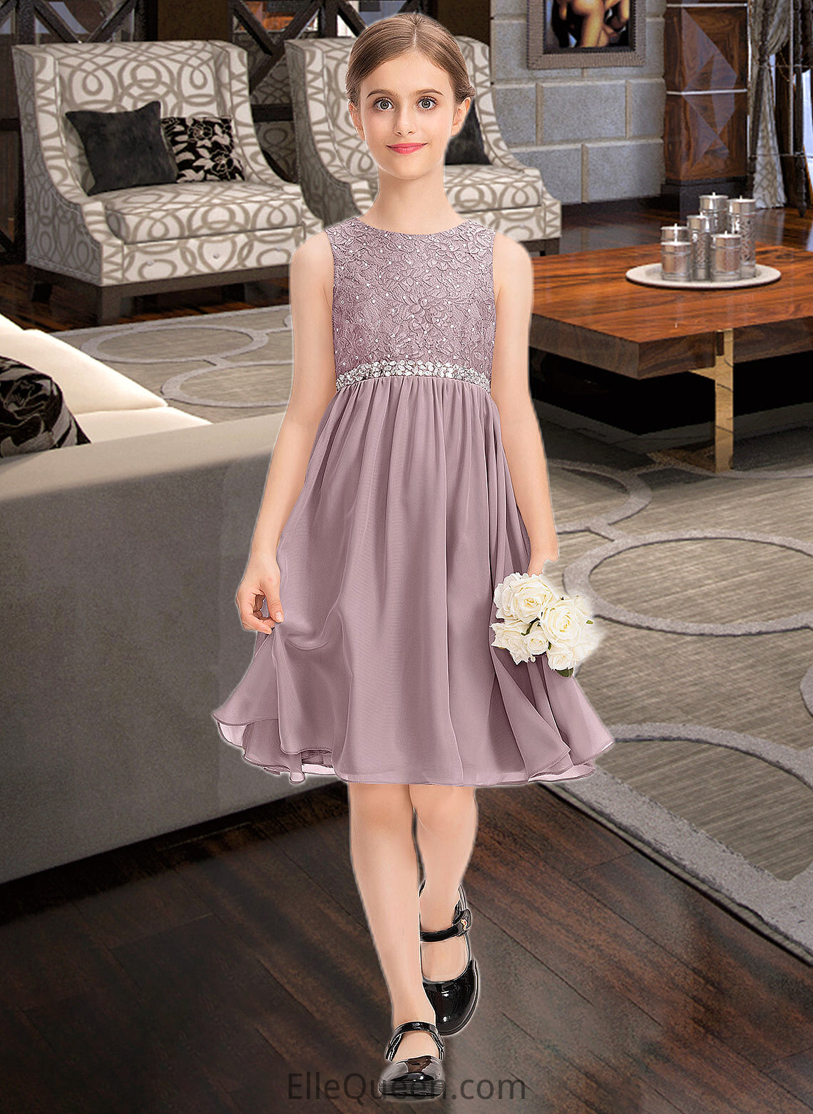 Kenna A-Line Scoop Neck Knee-Length Chiffon Lace Junior Bridesmaid Dress With Beading Bow(s) DGP0013344