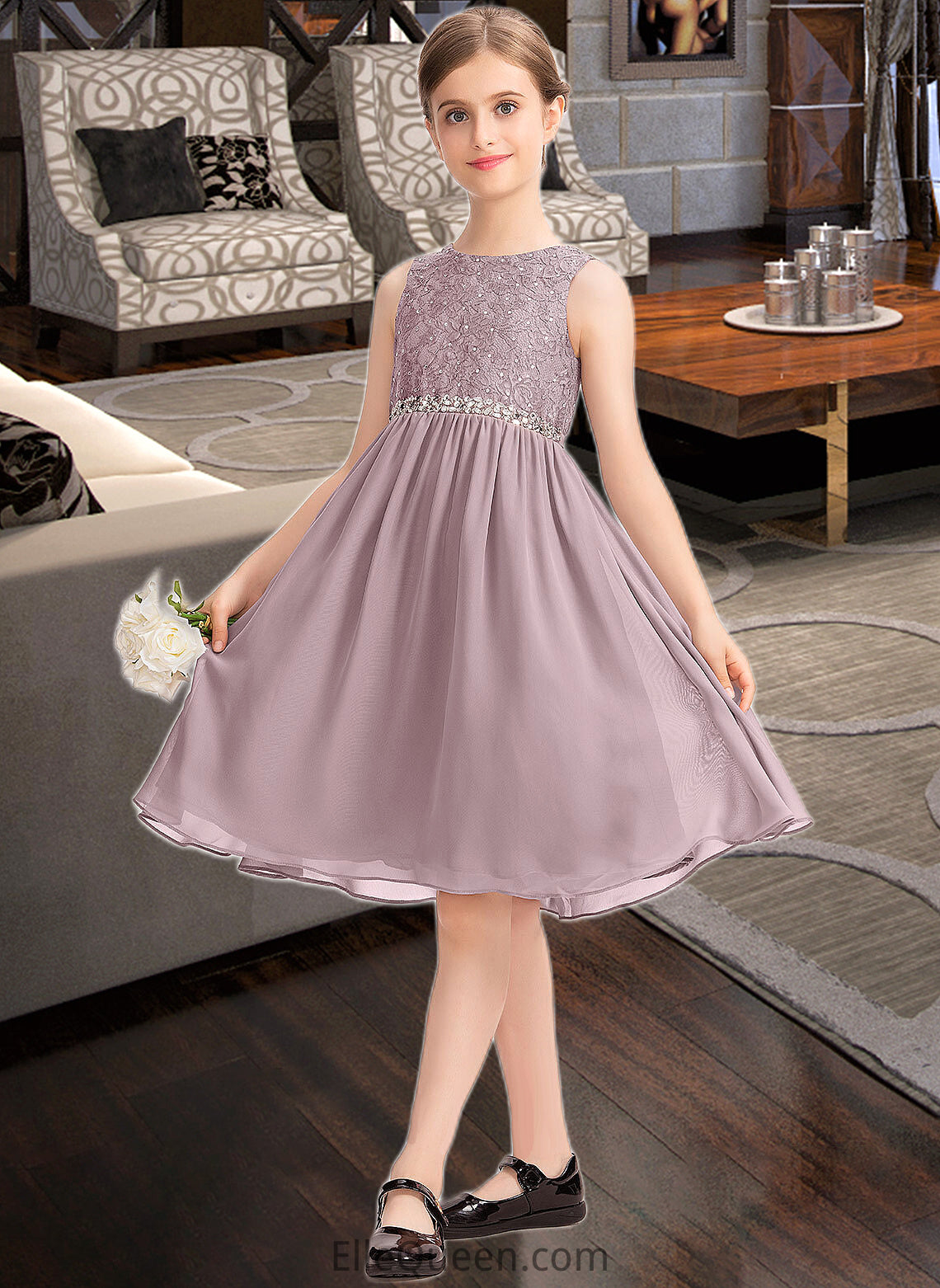 Kenna A-Line Scoop Neck Knee-Length Chiffon Lace Junior Bridesmaid Dress With Beading Bow(s) DGP0013344