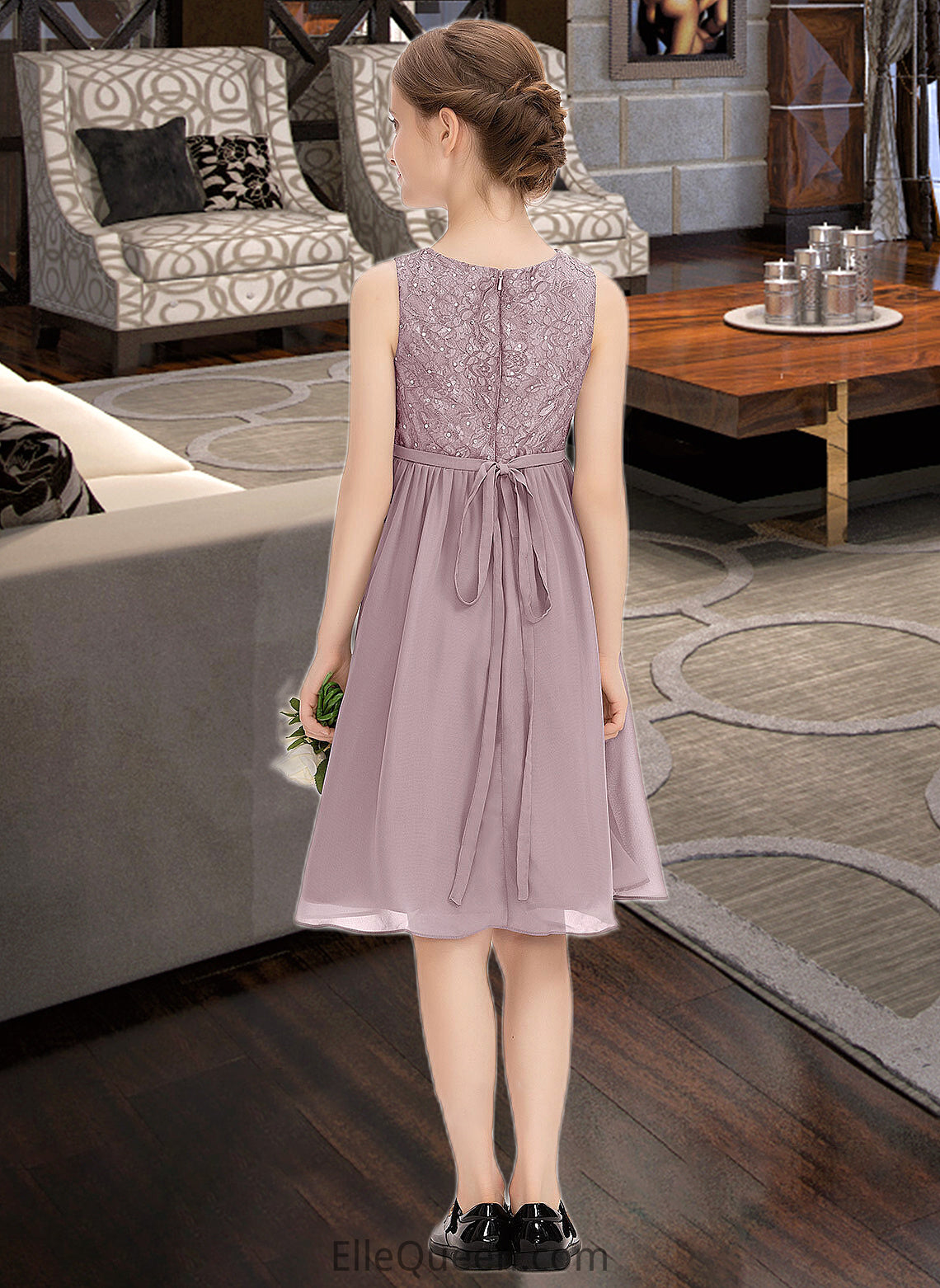 Kenna A-Line Scoop Neck Knee-Length Chiffon Lace Junior Bridesmaid Dress With Beading Bow(s) DGP0013344