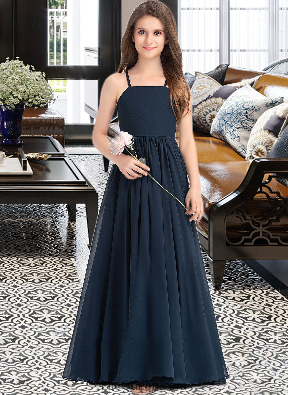 Fiona A-Line Square Neckline Floor-Length Chiffon Junior Bridesmaid Dress With Bow(s) DGP0013345