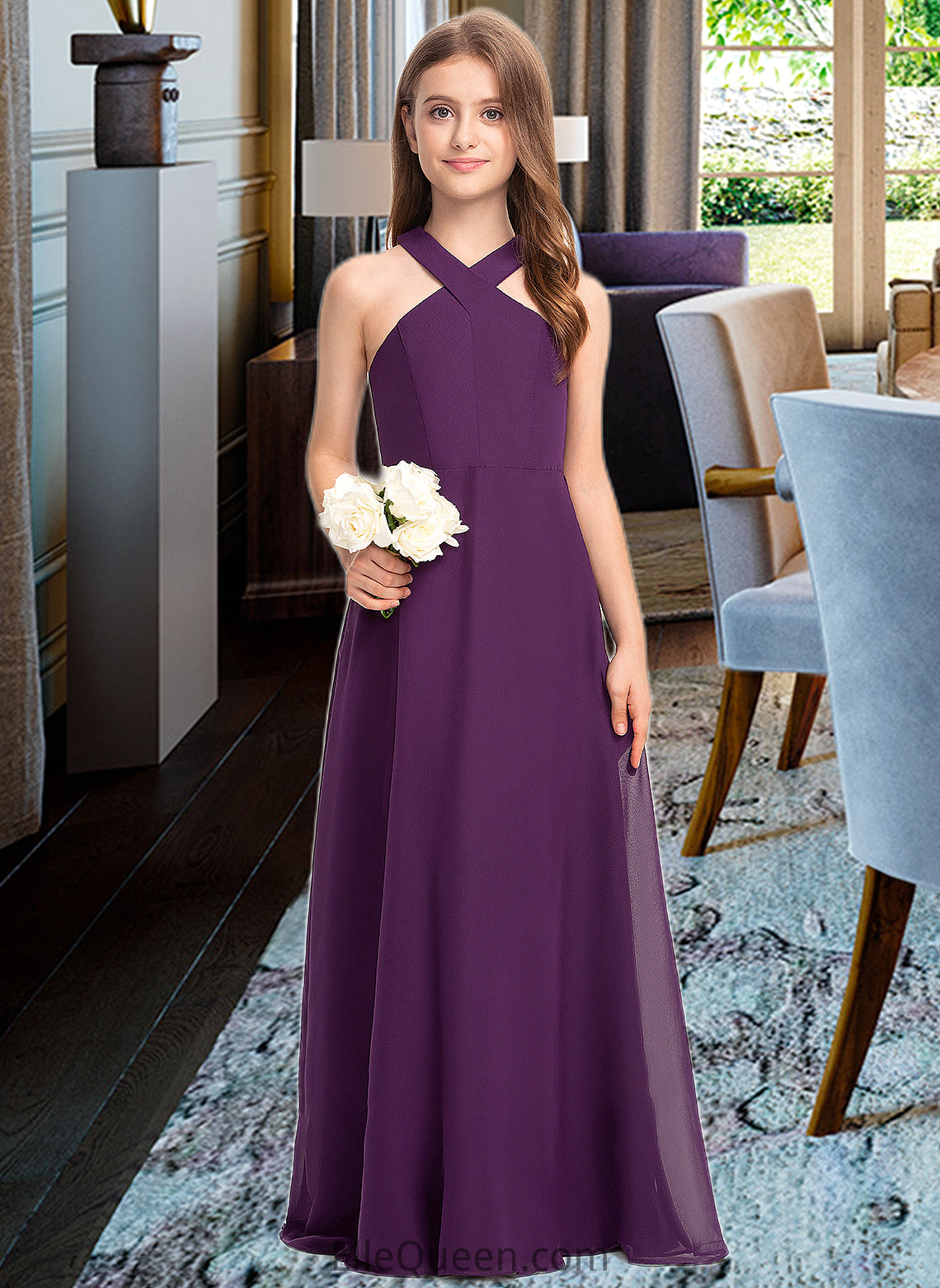 Kaylen A-Line V-neck Floor-Length Chiffon Junior Bridesmaid Dress DGP0013346