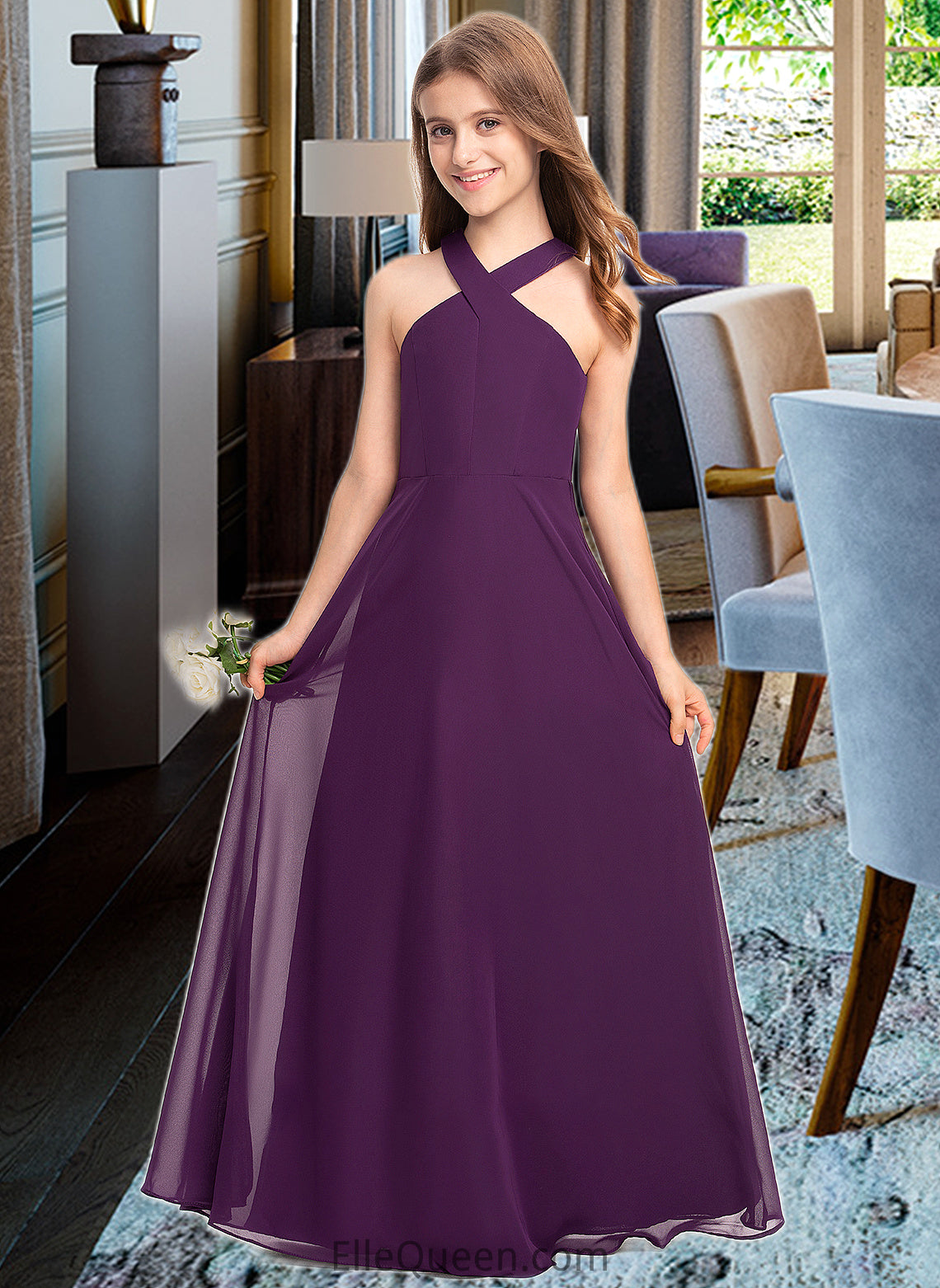 Kaylen A-Line V-neck Floor-Length Chiffon Junior Bridesmaid Dress DGP0013346