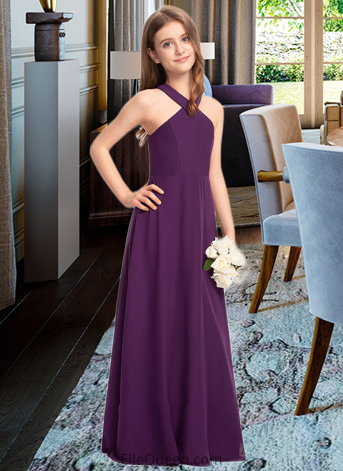 Kaylen A-Line V-neck Floor-Length Chiffon Junior Bridesmaid Dress DGP0013346