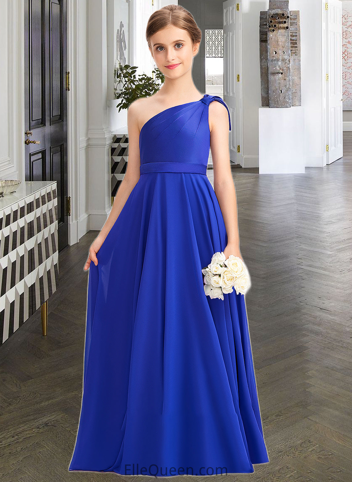 Heaven A-Line One-Shoulder Floor-Length Chiffon Charmeuse Junior Bridesmaid Dress With Ruffle DGP0013347