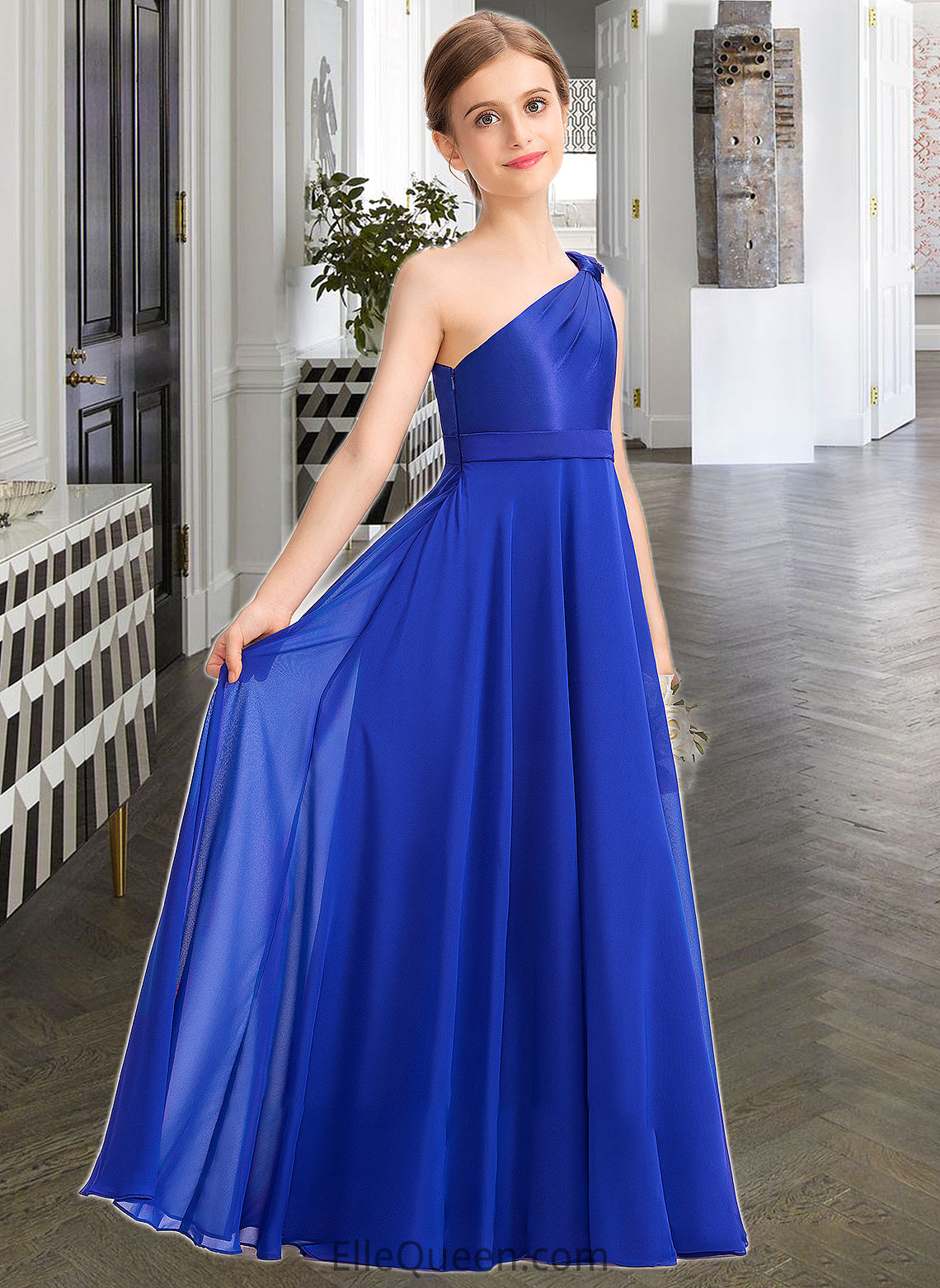 Heaven A-Line One-Shoulder Floor-Length Chiffon Charmeuse Junior Bridesmaid Dress With Ruffle DGP0013347