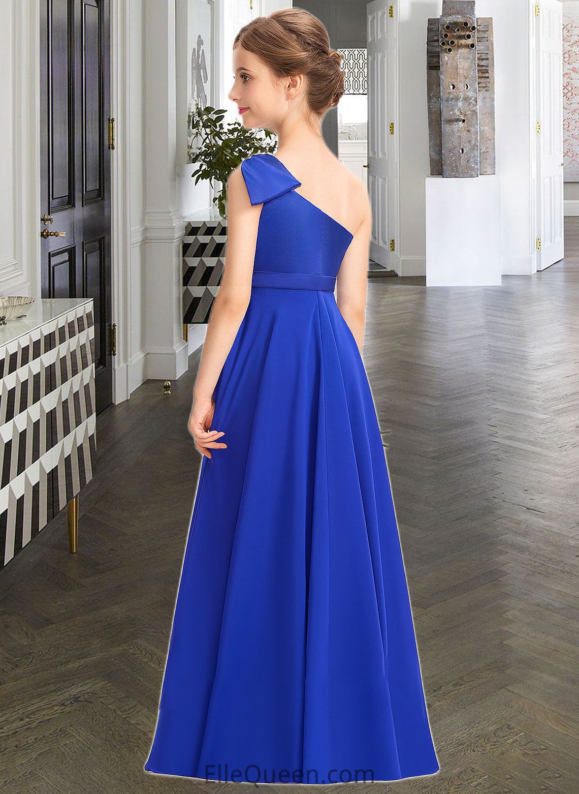 Heaven A-Line One-Shoulder Floor-Length Chiffon Charmeuse Junior Bridesmaid Dress With Ruffle DGP0013347