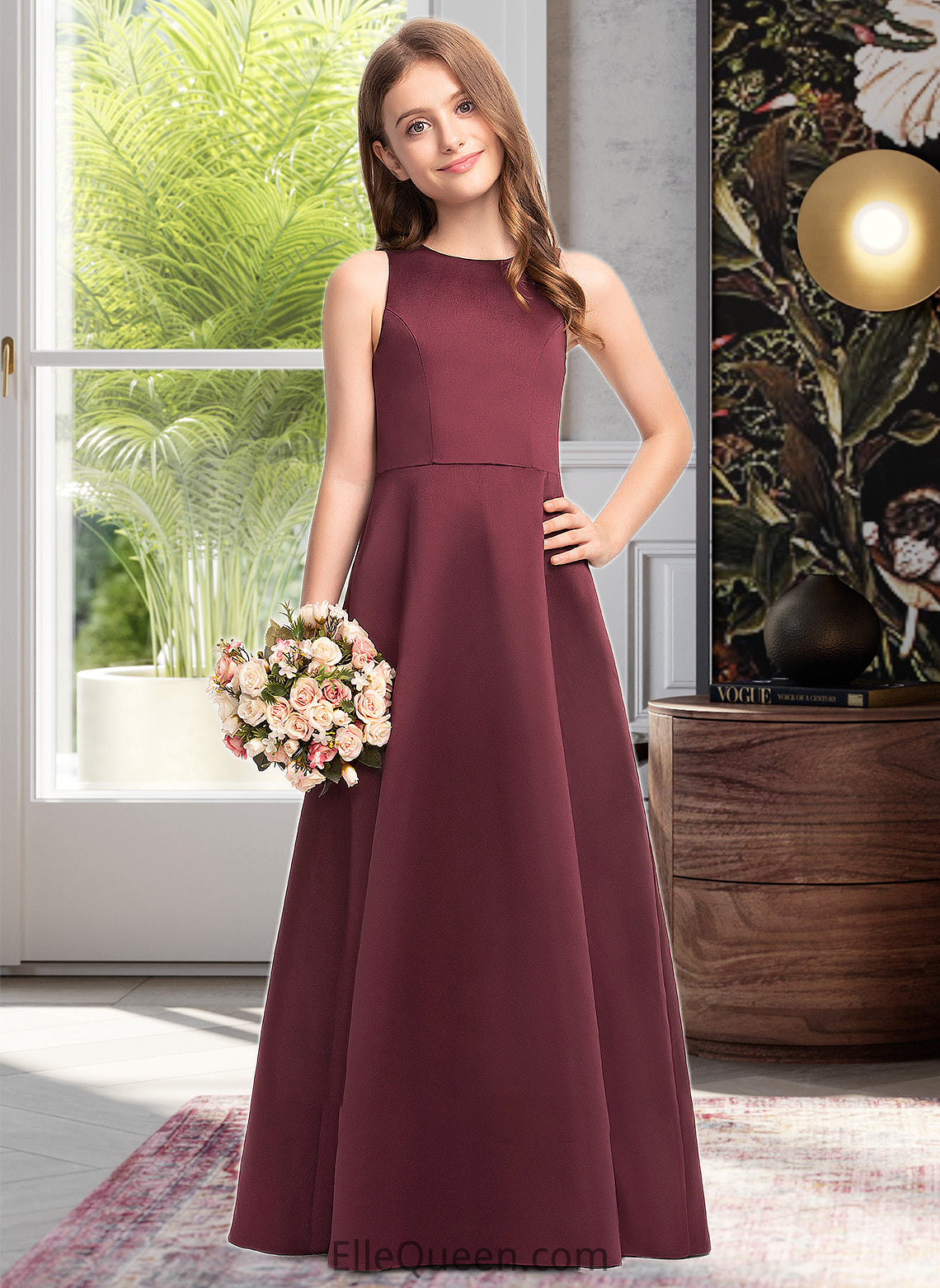 Angie A-Line Scoop Neck Floor-Length Satin Junior Bridesmaid Dress DGP0013348