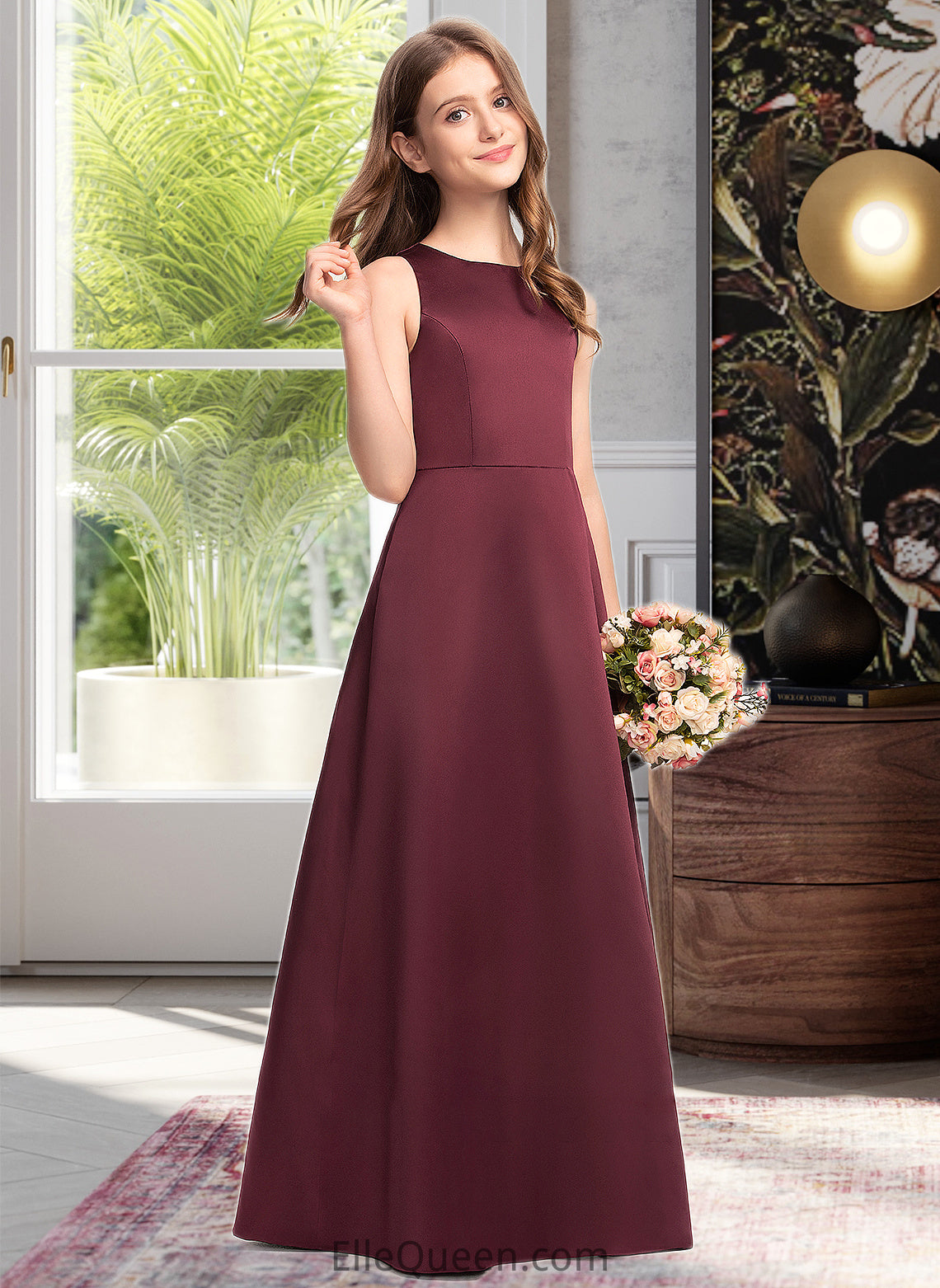 Angie A-Line Scoop Neck Floor-Length Satin Junior Bridesmaid Dress DGP0013348