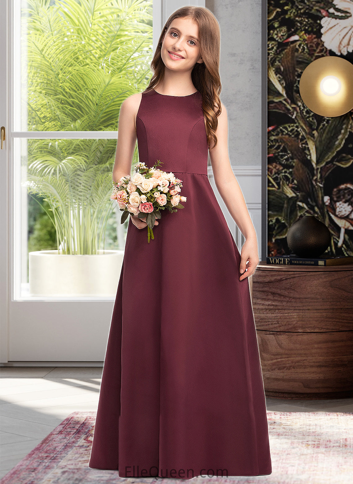 Angie A-Line Scoop Neck Floor-Length Satin Junior Bridesmaid Dress DGP0013348