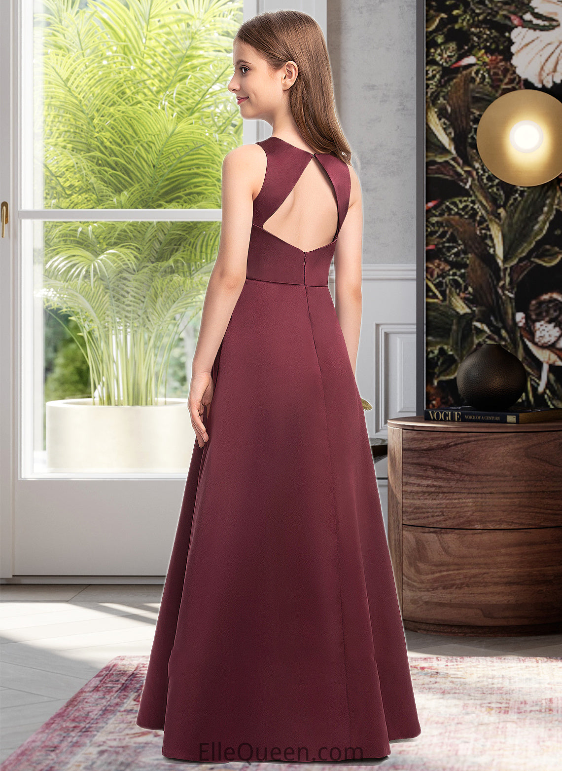 Angie A-Line Scoop Neck Floor-Length Satin Junior Bridesmaid Dress DGP0013348