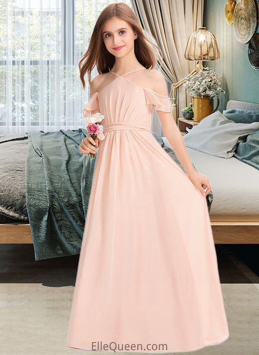 Stephanie A-Line V-neck Floor-Length Chiffon Junior Bridesmaid Dress With Ruffle Bow(s) DGP0013349