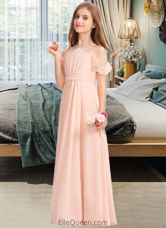 Stephanie A-Line V-neck Floor-Length Chiffon Junior Bridesmaid Dress With Ruffle Bow(s) DGP0013349