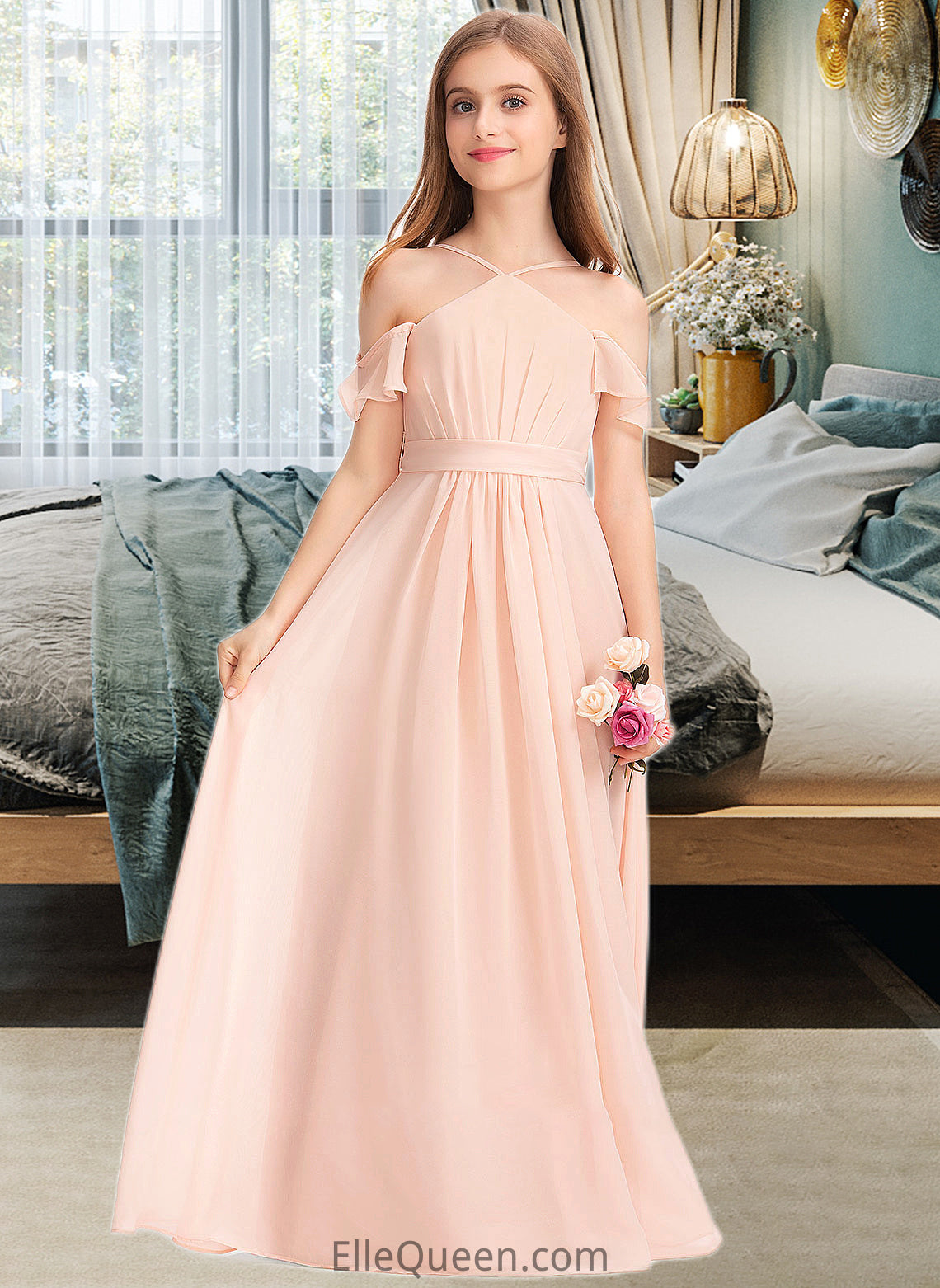 Stephanie A-Line V-neck Floor-Length Chiffon Junior Bridesmaid Dress With Ruffle Bow(s) DGP0013349